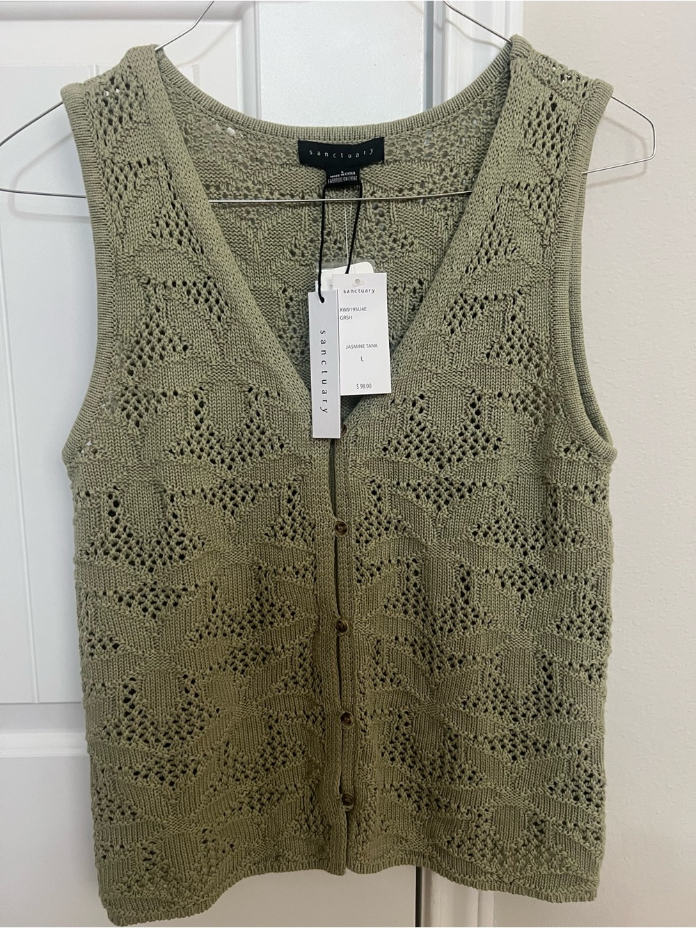 NWT Sanctuary Jasmine Tank Sage Green Pointelle Knit Sweater Vest L